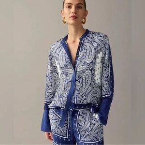 J. Crew Collection Silk Blend Paisley Scarf Collarless Classic Fit Shirt size 8